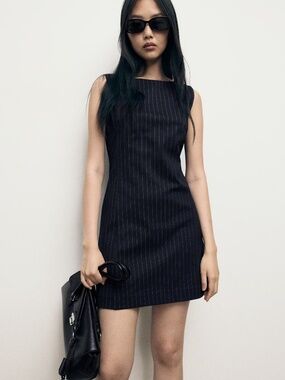 MANGO BOAT-NECK PINSTRIPE DRESS